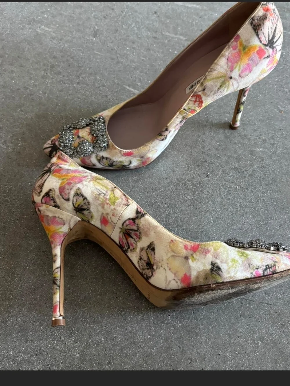 Manolo Blahnik Floral Crystal-Buckle Pointed Pumps in Pink and Multi